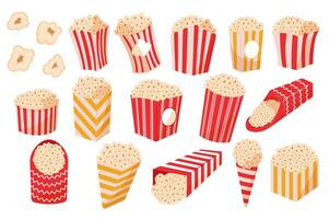 popcorn hinkar mega uppsättning i platt design. bunt element av klassisk randig papper lådor med gott majs mellanmål, behållare symboler av bio underhållning. vektor illustration isolerat grafisk objekt