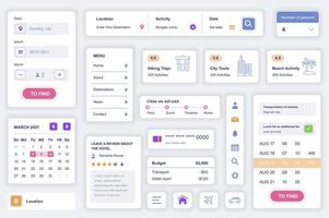 Benutzer Schnittstelle Elemente einstellen zum Reise Agentur Handy, Mobiltelefon App. Kit Vorlage mit hud Diagramme, Ziel, Kalender, Standort, Wandern Reise, Tour Aktivität. Pack von ui, ux, gui Bildschirme. Vektor Komponenten.