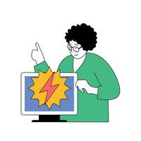 Ökologie Konzept mit Karikatur Menschen im eben Design zum Netz. Frau mit Alternative Energie beim Zuhause und Kontrollen Elektrizität verwenden. Vektor Illustration zum Sozial Medien Banner, Marketing Material.