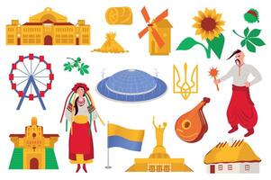 ukraina kultur symboler mega uppsättning i platt design. bunt element av ukrainare, gul och blå flagga, treudd, kastanj, solros, kyiv arkitektur. vektor illustration isolerat grafisk objekt