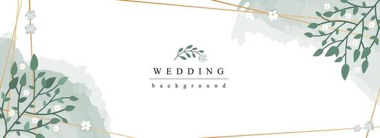 bröllop horisontell webb baner. elegant äktenskap inbjudan med abstrakt vit blommor med grön löv i gyllene gräns. vektor illustration för rubrik hemsida, omslag mallar i modern design