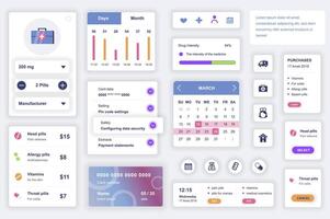 Benutzer Schnittstelle Elemente einstellen zum medizinisch Handy, Mobiltelefon App. Kit Vorlage mit hud Diagramme, Klinik Information, Diagnose, Tabletten Verschreibung, online Apotheke. Pack von ui, ux, gui Bildschirme. Vektor Komponenten.