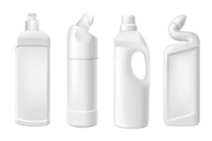 Weichmacher im Flaschen Mega einstellen im 3d realistisch Design. bündeln Elemente von anders Typen von Weiß Plastik Flaschen mit Flüssigkeit Haushalt chemisch zum Stoff. Vektor Illustration isoliert Grafik Objekte