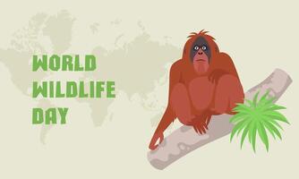Banner Welt Tierwelt Tag, März 3. Orang-Utans im Borneo. Drohung von Aussterben. Fauna, Tier. Vektor Karikatur Illustration