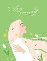 vår, en skön kvinna i profil, kramar själv, henne hår fladdrar i en ljus vind med blommor. kärlek själv begrepp. vektor anbud platt tecknad serie illustration