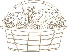 Ostern Korb Linie Kunst Zeichnung. Korb mit Pannettone, Eier mit Ornament, Grün Blätter und Weide Zweige. glücklich Ostern Gruß Karte. Vektor Illustration isoliert auf Weiß Hintergrund