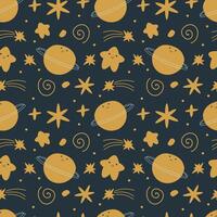 nahtlos Raum Muster. kawaii Sterne, Planeten zum Kinder. Vektor Muster zum Hintergrund, Kleidung, Verpackung, Verpackung Papier, Bett Leinen-