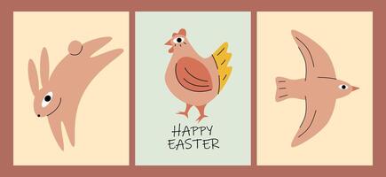 söt uppsättning av påsk kort. påsk kanin, kyckling, fågel. för affisch, kort, skriva ut vektor