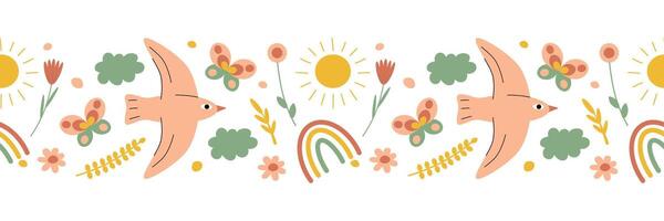 nahtlos Frühling Grenze. Vogel, Sonne, Pflanzen, Regenbogen. isoliert Vektor Illustration