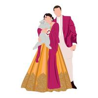 vektor söt indisk par tecknad serie i traditionell klänning Framställ för bröllop inbjudan kort design