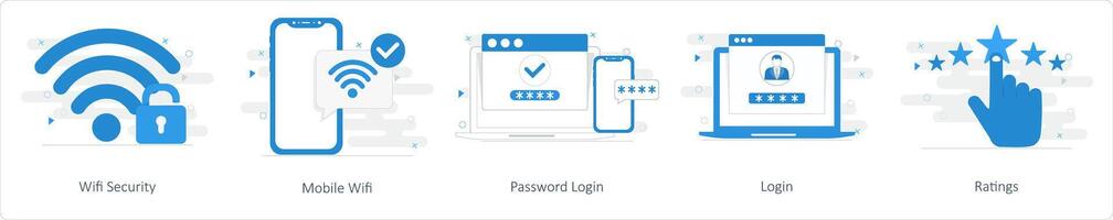 ein einstellen von 5 mischen Symbole wie W-lan Sicherheit, Handy, Mobiltelefon W-lan, Passwort Anmeldung vektor