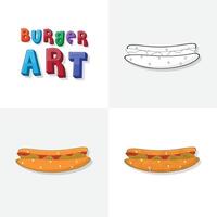 hamburgare konst skiss, färg sida, platt och realistisk burger snabb mat illustration för barn vektor