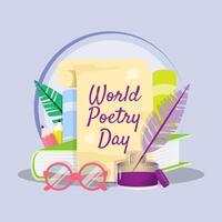 Welt Poesie Tag Poster mit Pergament und Schreibwaren vektor