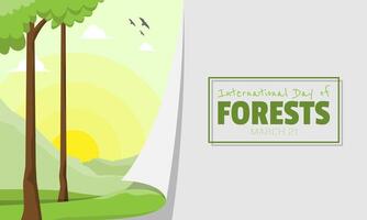 International Tag von Wälder Poster mit hoch Bäume und Berge im das Hintergrund vektor