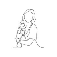 ett kontinuerlig linje teckning av en kvinna är innehav is grädde redo till äta vektor illustration. människor med mat eller dryck aktivitet i enkel linjär stil begrepp vektor. lämplig för din tillgång design.