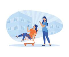 groß Rabatt Konzept. Frau Sitzung im Wagen und Einkaufen online, um mit Einkäufe. eben Vektor modern Illustration