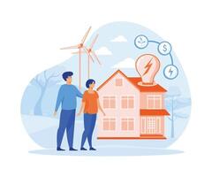 Energie Verbrauch Konzept. Mann und Frau reduzieren Energie Verbrauch beim heim. eben Vektor modern Illustration