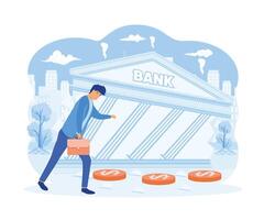 Konkurs Geschäft Konzept. frustriert Geschäftsmann aussehen beim zusammenbrechen Bank Gebäude. eben Vektor modern Illustration