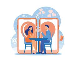 online Dating Konzept. Handy, Mobiltelefon Anwendung zum Entfernung Kommunikation und Einführung mit romantisch oder Sexual- Partner. eben Vektor modern Illustration