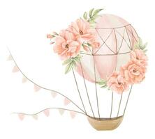 Luft Ballon mit Blumen. Aquarell Illustration von süß Flugzeug und Rosen im Beige und Rosa Pastell- Farben zum Baby Dusche. Zeichnung zum kindisch Design oder Kind Plakate auf isoliert Hintergrund vektor