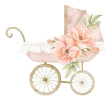 vattenfärg bebis pråm med reste sig blommor i årgång stil. retro unge sittvagn i söt pastell rosa och beige färger. söt transport för barn. hand dragen illustration av barnvagn för nyfödd fest vektor
