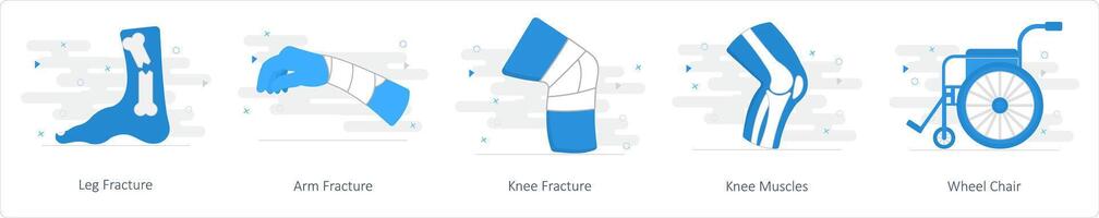 en uppsättning av 5 blanda ikoner som ben fraktur, ärm fraktur, knä fraktur vektor