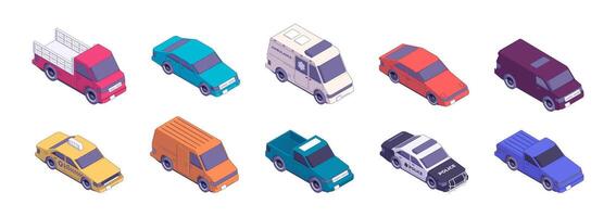 isometrisk bilar. urban väg transport fordon ikoner stad trafik, annorlunda typer av bilar platt stil för infographics eller spel design. vektor isolerat uppsättning