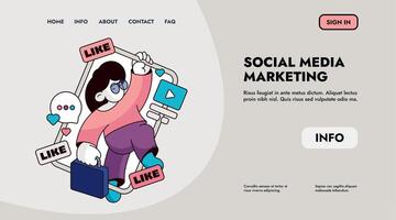 Sozial Marketing Landung. Netz Seite Vorlage mit Sozial Netzwerk Tasten, mögen Taste und Teilen Taste. Vektor Netz Seite mit Sozial Medien Symbole