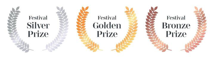 Gold Silber Bronze- Lorbeer. ausgezeichnet Preis, Beste vergeben zum Schauspieler, Jury Preis- zum Kino, Zertifikat zum Musik- Video. Vektor eben einstellen