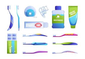 oral hygien Produkter. mun rengöring verktyg, tecknad serie tandborste tandkräm flock munvatten ikoner, dental vård behandling begrepp. vektor platt uppsättning