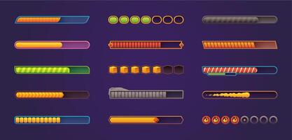 framsteg bar. ui spel tillgång för mobil och webb Ansökan, gui nivå indikator för trolldryck och hälsa, skinande lysande ikoner. vektor isolerat uppsättning