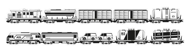 tåg silhuetter. svart passagerare och frakt lokomotiv, järnväg transport fordon med annorlunda behållare och transport vagnar. vektor uppsättning