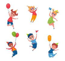 fira barn Hoppar med luft ballong samling vektor
