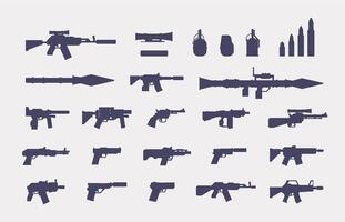 guns silhuett. militär skjutvapen ikoner för rPG design, armén arsenal vapen och ammunition, pistol hagelgevär granat revolver launcher. vektor platt uppsättning