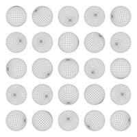 Globus Gitter Kugeln. Welt Karte Topographie Kugeln mit Breite und Längengrad Information, Welt Erdkunde linear Gittergewebe Sammlung. Vektor einstellen