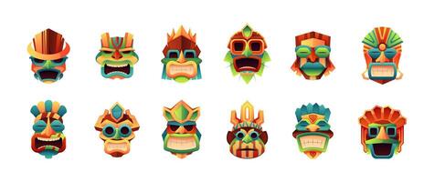 stam- masker. tecknad serie tiki huvuden och inhemsk hawaii polynesien afrikansk ritual ansikte maskering, gammal traditionell stam totem idoler. vektor isolerat uppsättning
