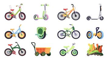 Transport zum Kinder. Karikatur Kinder und Teen Fahrrad Roller, bunt Kleinkinder Schlittschuh, drei Räder Fahrrad, Rollen. Vektor isoliert einstellen