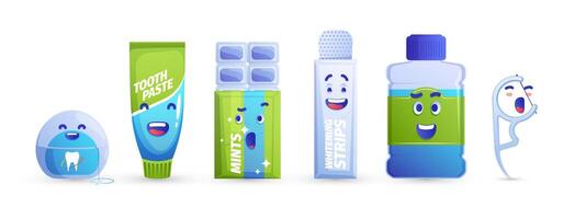 Oral Pflege Figuren. Zähne Hygiene Produkte mit süß Gesichter und anders Emotionen, Karikatur Zahnheilkunde Persönlichkeiten, Mund Reinigung Konzept. Vektor einstellen
