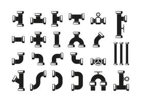 Silhouette Pipeline Elemente. schwarz Installation Rohr Teile, Wasser Tube Wasserhahn System Ventil Konstruktionen, industriell Abwasser Anschlüsse. Vektor Sammlung