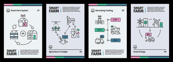 smart bruka baner. organisk lantbruk begrepp med robot Drönare och gps teknologi, jordbruk Drönare program häfte. vektor illustration