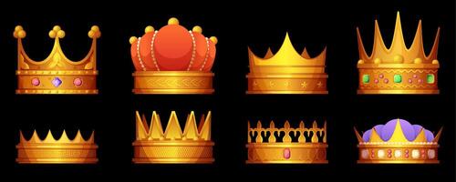 golden Krone Sammlung. Karikatur königlich Kronen mit Juwelen, Luxus Monarchie Adel Krönung Kopfschmuck Konzept eben Stil. Vektor isoliert einstellen