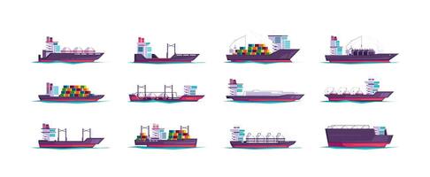frakt fartyg samling. tecknad serie frakt kärl, platt nautisk frakt fraktfartyg båtar bärande behållare, kommersiell hav hav transport. vektor isolerat uppsättning