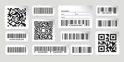 Barcode Aufkleber. Scan Daten Etiketten mit qr Codes auf Papier Layout, Supermarkt Rabatt Codes und Produkt Nummer Stichworte. Vektor Geschäft Etikette einstellen