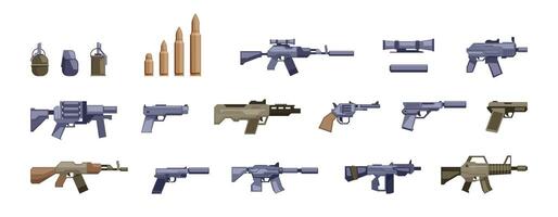 Pistole Waffe. Karikatur Kugel Fass Gewehr klassisch Revolver taktisch Schrotflinte, Schlacht Feuerwaffe mit Militär- Zubehör. Vektor isoliert einstellen