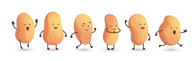 tecknad serie potatis. rolig knölig tecken med leende ansikten, söt vegetabiliska produkt aptitretare med annorlunda känslor platt stil. vektor färgrik uppsättning