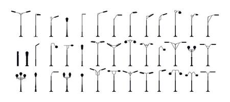 Straße Licht Silhouette. alt Stadt Laternenpfähle und retro Post Lampen, Jahrgang elektrisch und Öl Lampen zum draußen Dekoration. Vektor einstellen