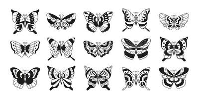schwarz Schmetterling Aufkleber. realistisch fliegend Monarch und Motte Schmetterling Silhouetten, abstrakt Tier fliegend Insekten Symbole. Vektor isoliert einstellen