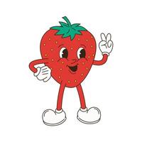 retro Karikatur Charakter Obst Satz. Vektor komisch Illustration mit Banane, Kirsche, Zitrone, Erdbeere, Wassermelone