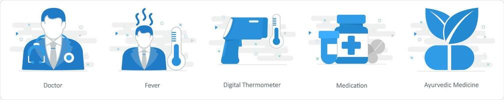 ein einstellen von 5 mischen Symbole wie Arzt, Fieber, Digital Thermometer, medidation vektor