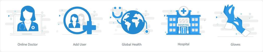 ein einstellen von 5 mischen Symbole wie online Arzt, hinzufügen Benutzer, global Gesundheit vektor